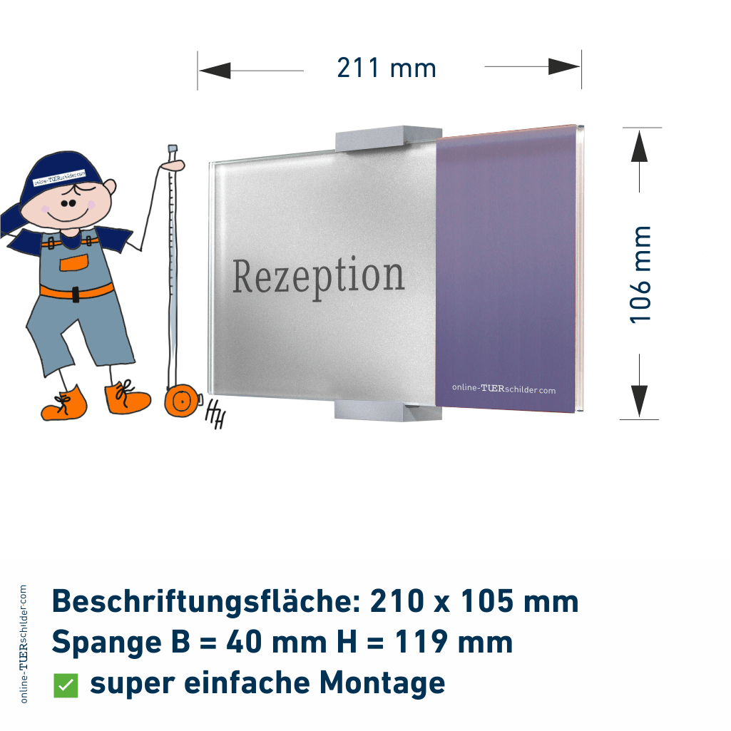Türschilder  in 9 Größen mit ESG-Scheiben, Aluminium Klemmhalter - Türschild Vollerwiek