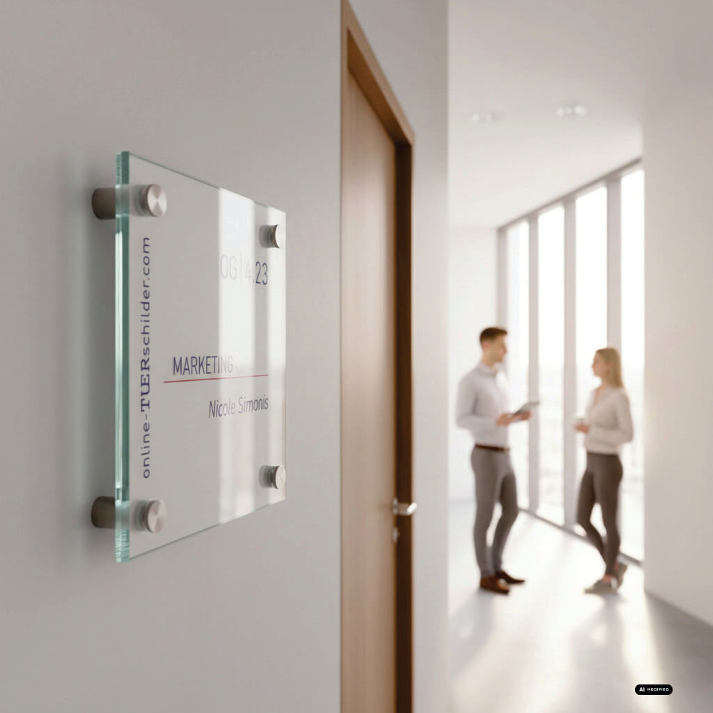 Türschild Büro Glas-Edelstahl in 27 Größen - Türschilder aus 2 x 4 mm ESG-Glas mit 4 Edelstahlhaltern