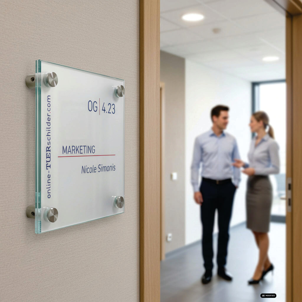 Türschild Büro Glas-Edelstahl in 27 Größen - Türschilder aus 2 x 4 mm ESG-Glas mit 4 Edelstahlhaltern