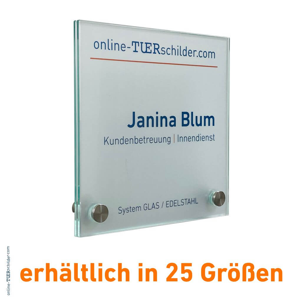 Türschild Glas-Edelstahl in 22 Größen - Türschilder aus 2 x 4 mm ESG-Glas mit 2 Edelstahlhaltern