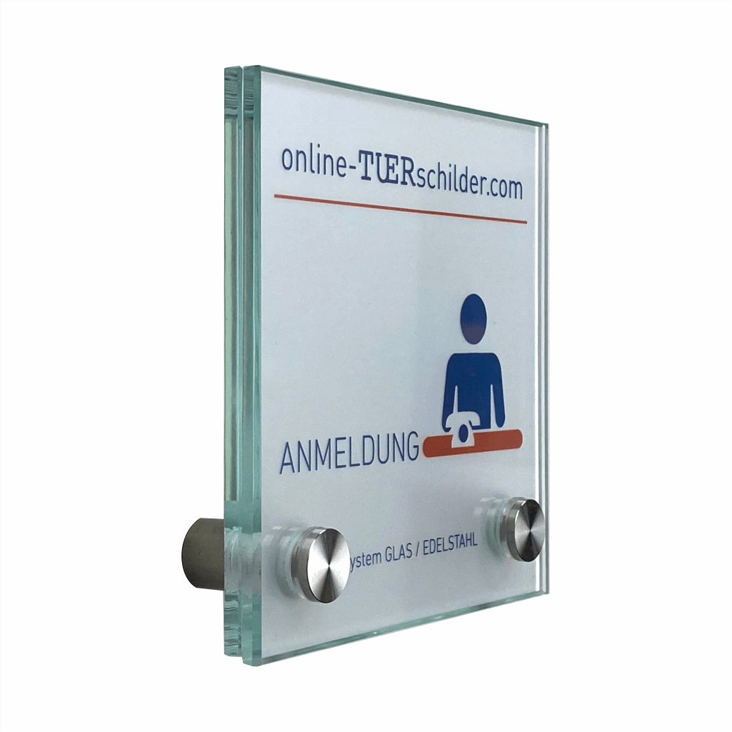 Türschild Glas-Edelstahl in 22 Größen - Türschilder aus 2 x 4 mm ESG-Glas mit 2 Edelstahlhaltern