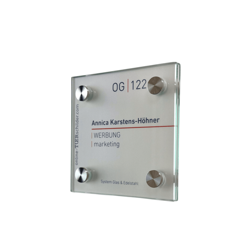 Türschild Büro aus Glas Edelstahl in 27 Größen mit 4 Haltern