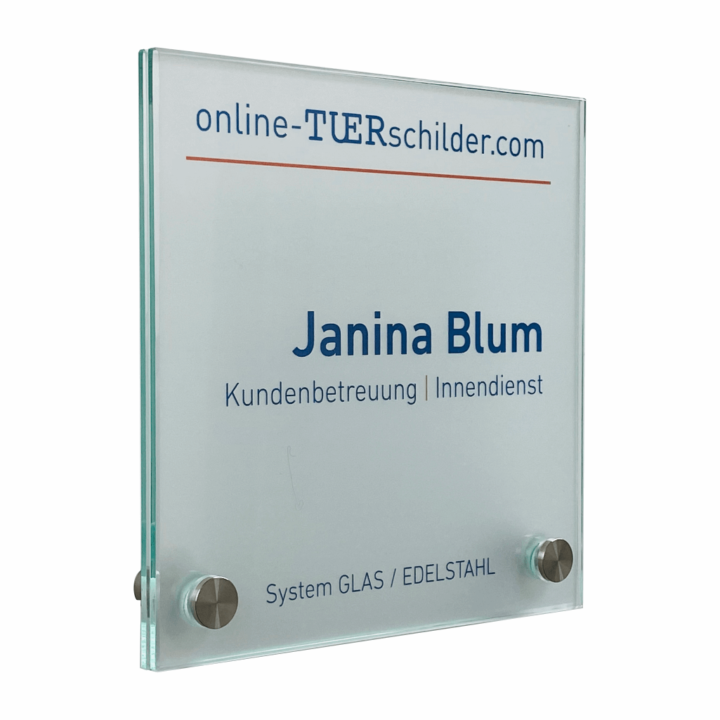 Türschild Glas-Edelstahl in 22 Größen - Türschilder aus 2 x 4 mm ESG-Glas mit 2 Edelstahlhaltern