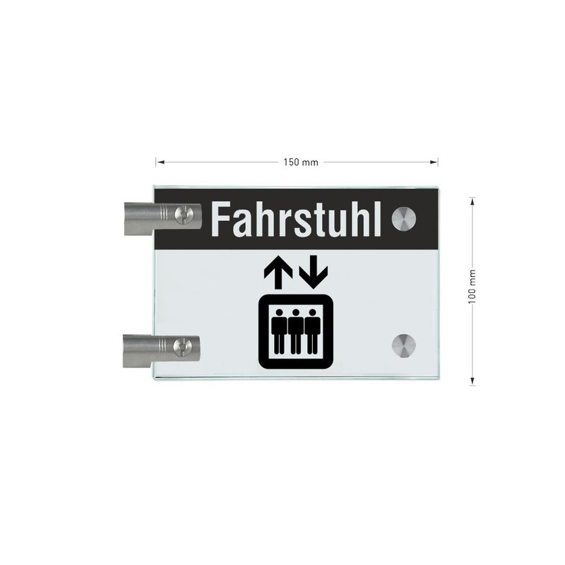 Fahnenschild Fahrstuhl mit Balken, 2 Scheiben mit Glasverbinder 2