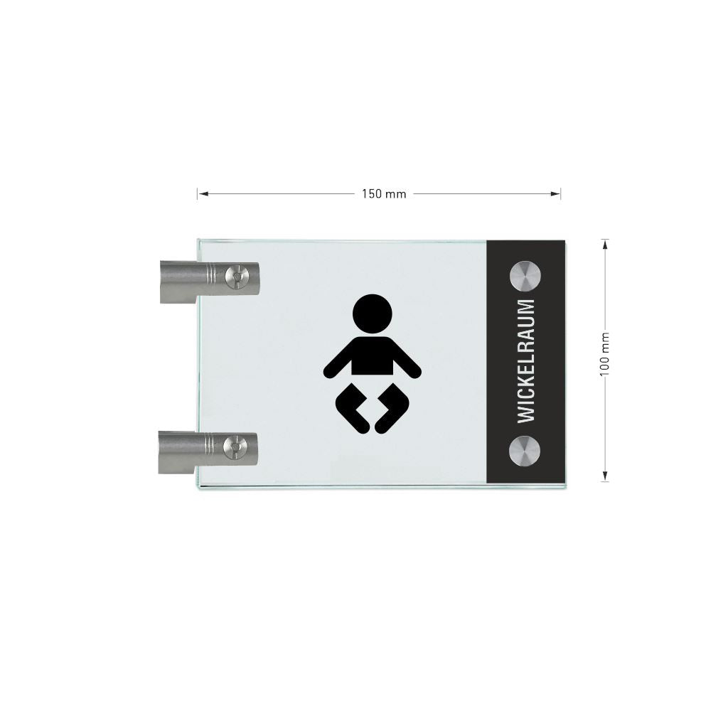 Fahnenschilder Wickelraum mit Balken, 2 Scheiben mit Glasverbinder 2