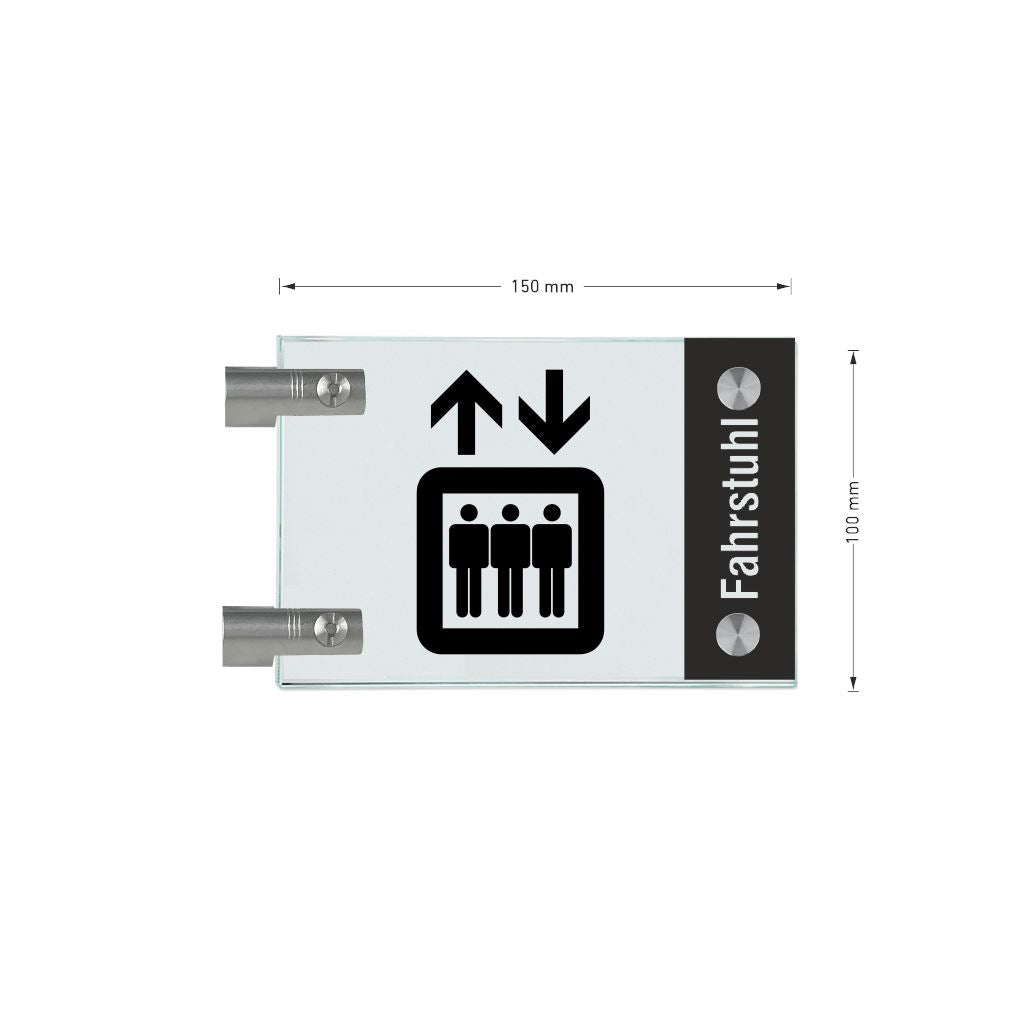 Fahnenschild Fahrstuhl mit Balken, 2 Scheiben mit Glasverbinder 3