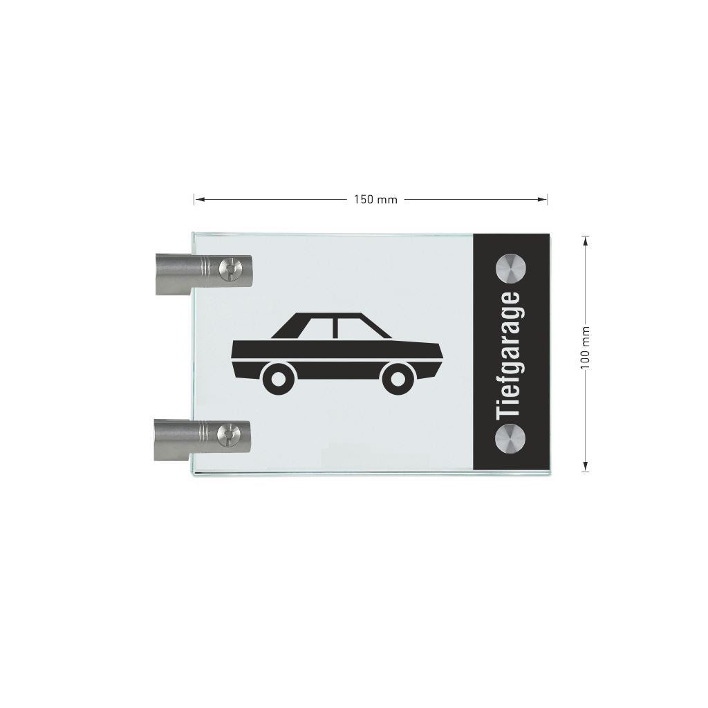 Fahnenschilder Tiefgarage mit Balken, 2 Scheiben mit Glasverbinder 2