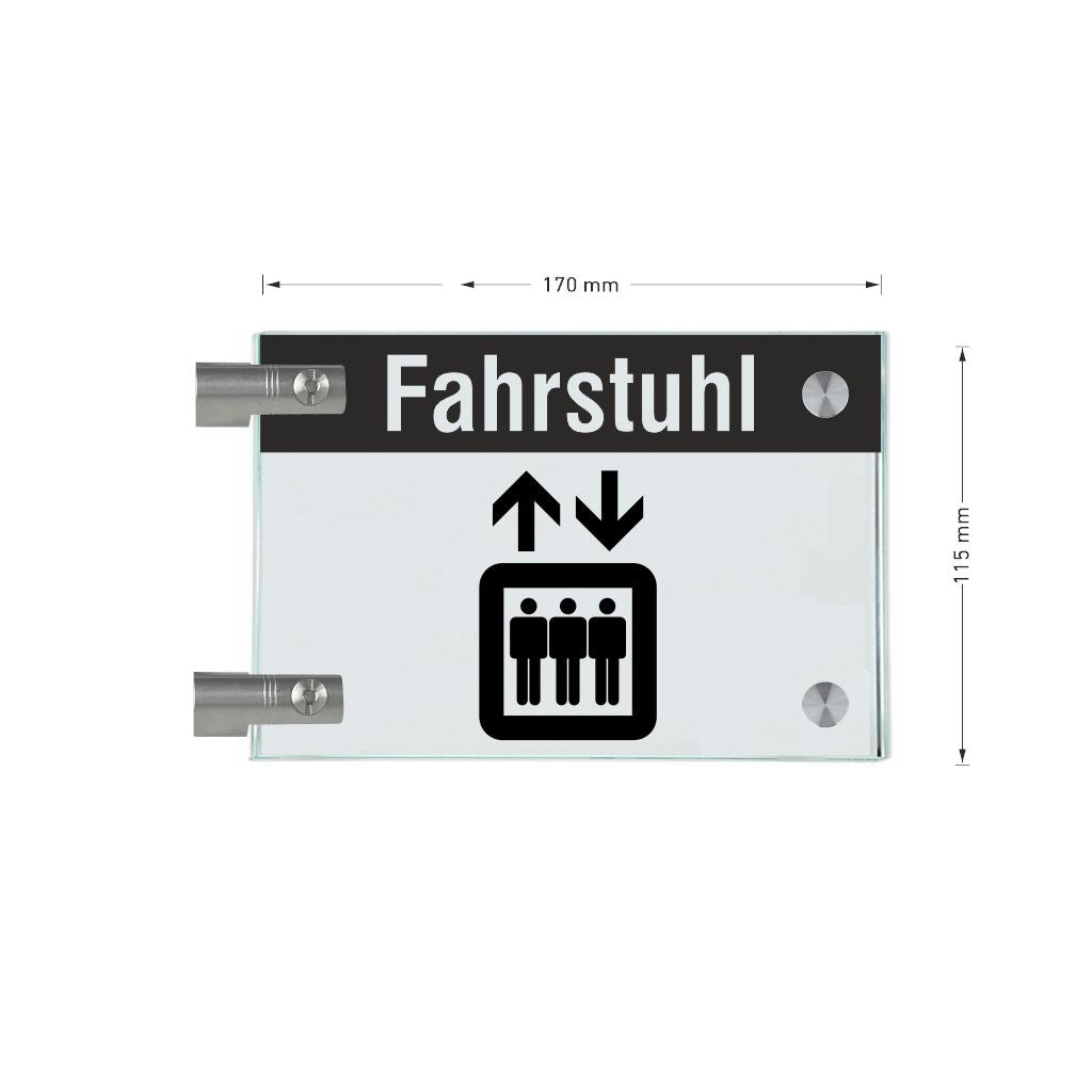 Fahnenschild Fahrstuhl mit Balken, 2 Scheiben mit Glasverbinder 4