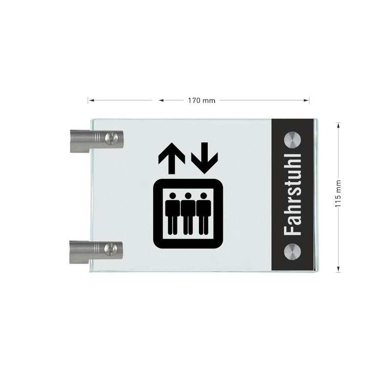 Fahnenschild Fahrstuhl mit Balken, 2 Scheiben mit Glasverbinder 5