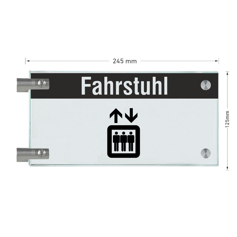 Fahnenschild Fahrstuhl mit Balken, 2 Scheiben mit Glasverbinder 6