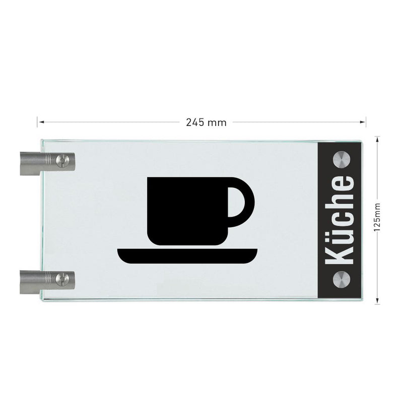Fahnenschild Küche mit Balken, 2 Scheiben mit Glasverbinder 3
