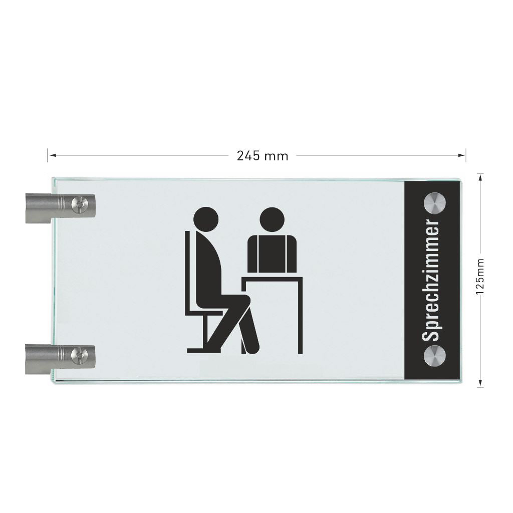 Fahnenschilder Sprechzimmer mit Balken, 2 Scheiben mit Glasverbinder 3