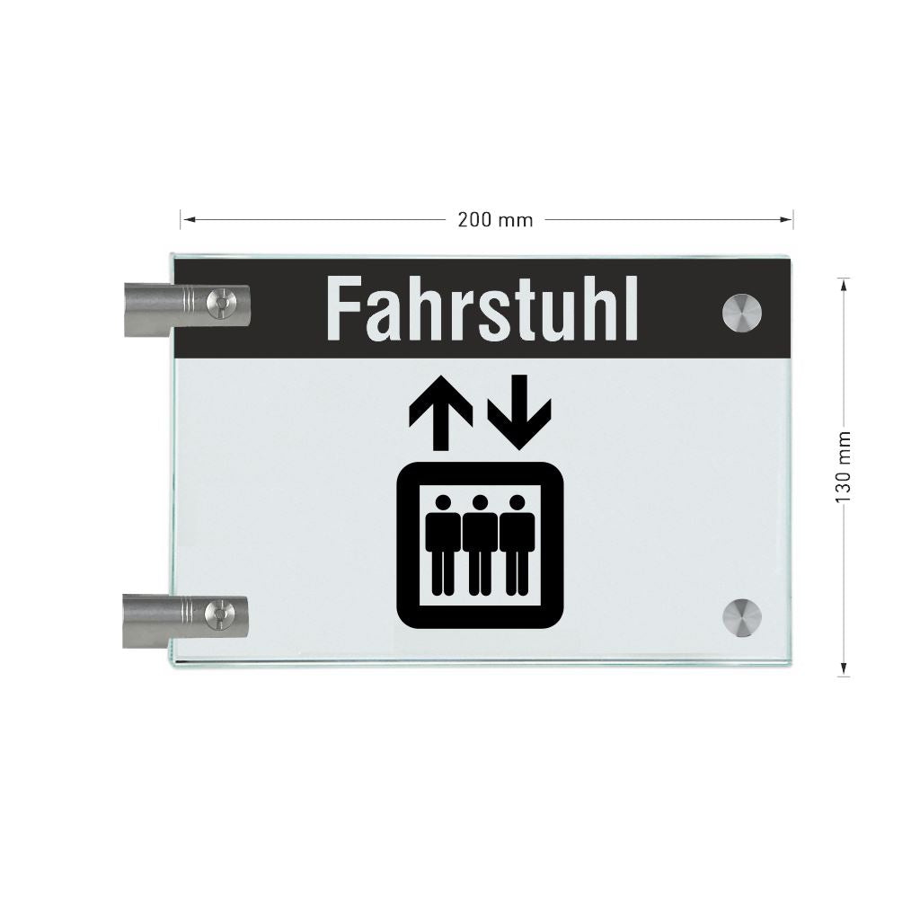 Fahnenschild Fahrstuhl mit Balken, 2 Scheiben mit Glasverbinder 8