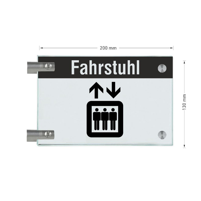 Fahnenschild Fahrstuhl mit Balken, 2 Scheiben mit Glasverbinder 8