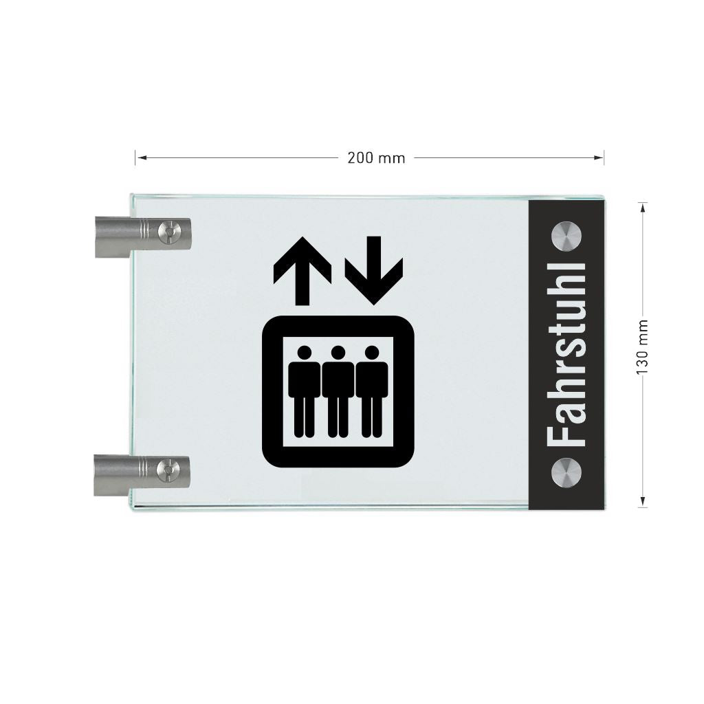 Fahnenschild Fahrstuhl mit Balken, 2 Scheiben mit Glasverbinder 9