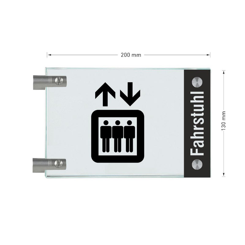 Fahnenschild Fahrstuhl mit Balken, 2 Scheiben mit Glasverbinder 9
