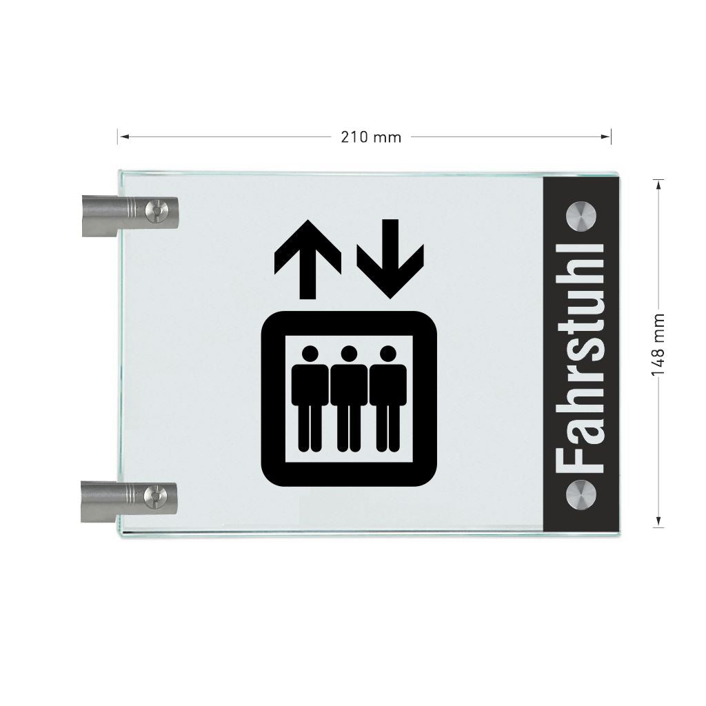 Fahnenschild Fahrstuhl mit Balken, 2 Scheiben mit Glasverbinder 11