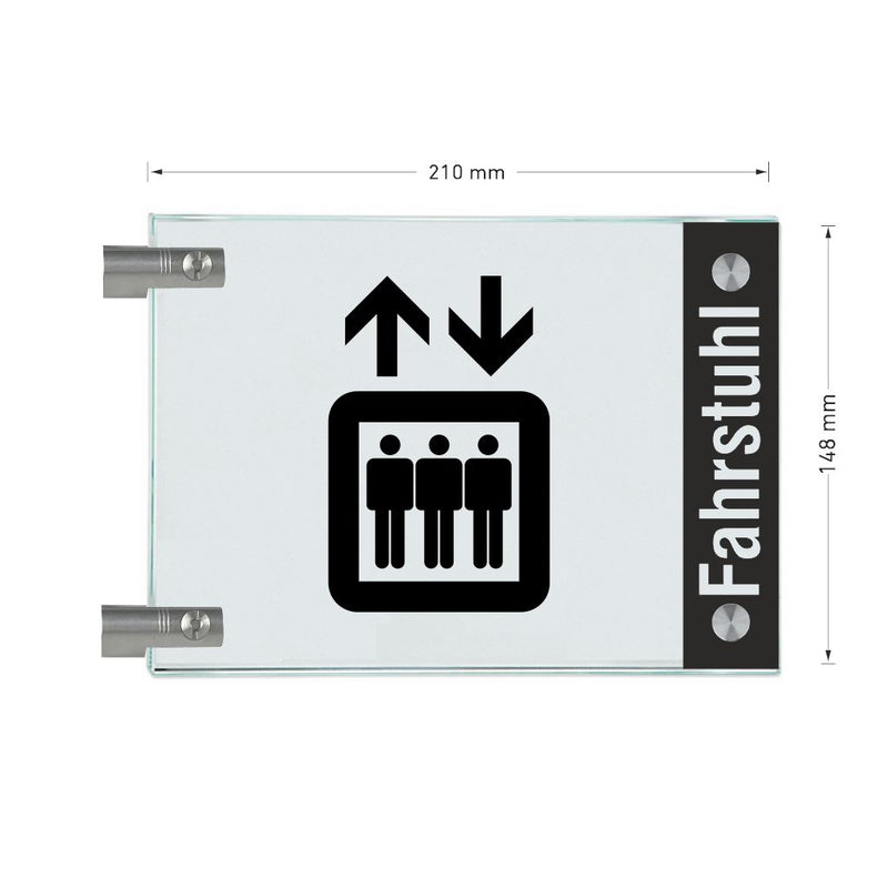 Fahnenschild Fahrstuhl mit Balken, 2 Scheiben mit Glasverbinder 11