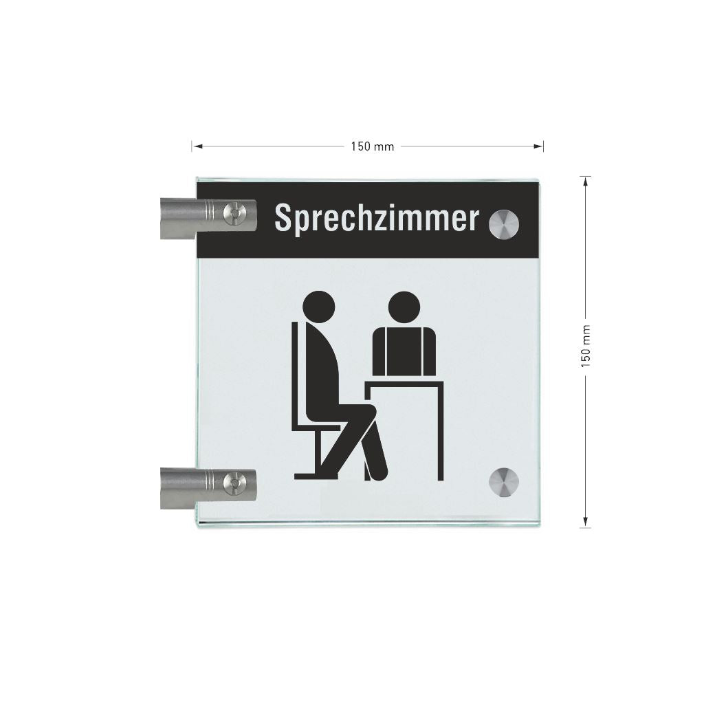 Fahnenschilder Sprechzimmer mit Balken, 2 Scheiben mit Glasverbinder 10