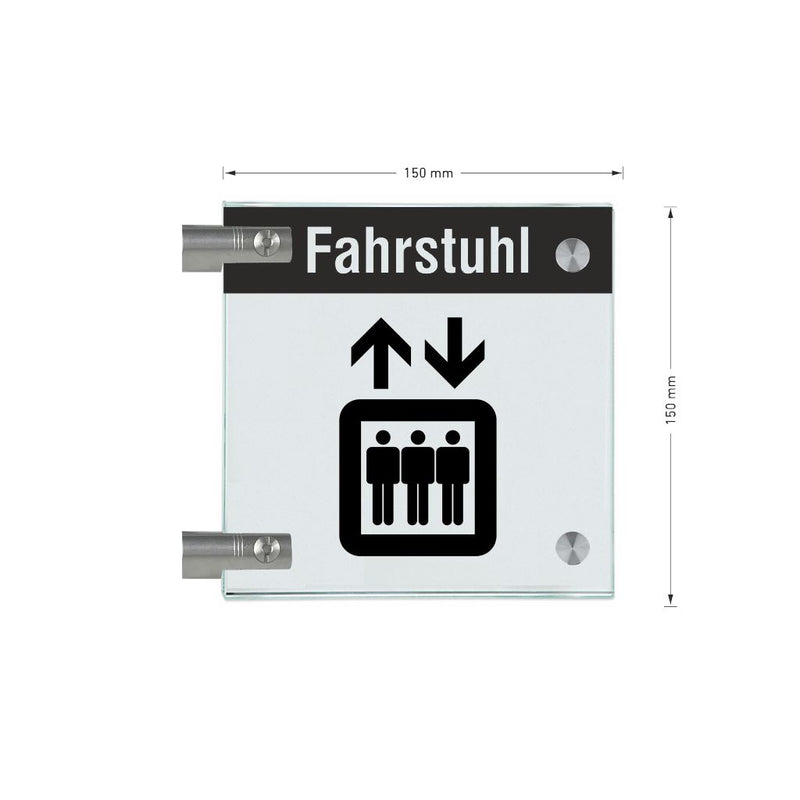 Fahnenschild Fahrstuhl mit Balken, 2 Scheiben mit Glasverbinder 12