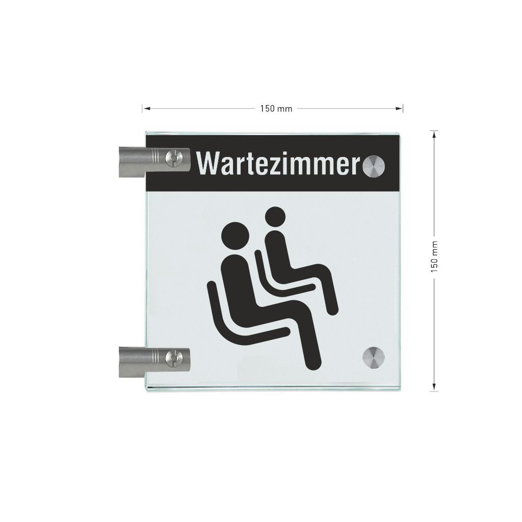 Fahnenschilder Wartezimmer mit Balken, 2 Scheiben mit Glasverbinder 12