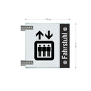 Fahnenschild Fahrstuhl mit Balken, 2 Scheiben mit Glasverbinder 13