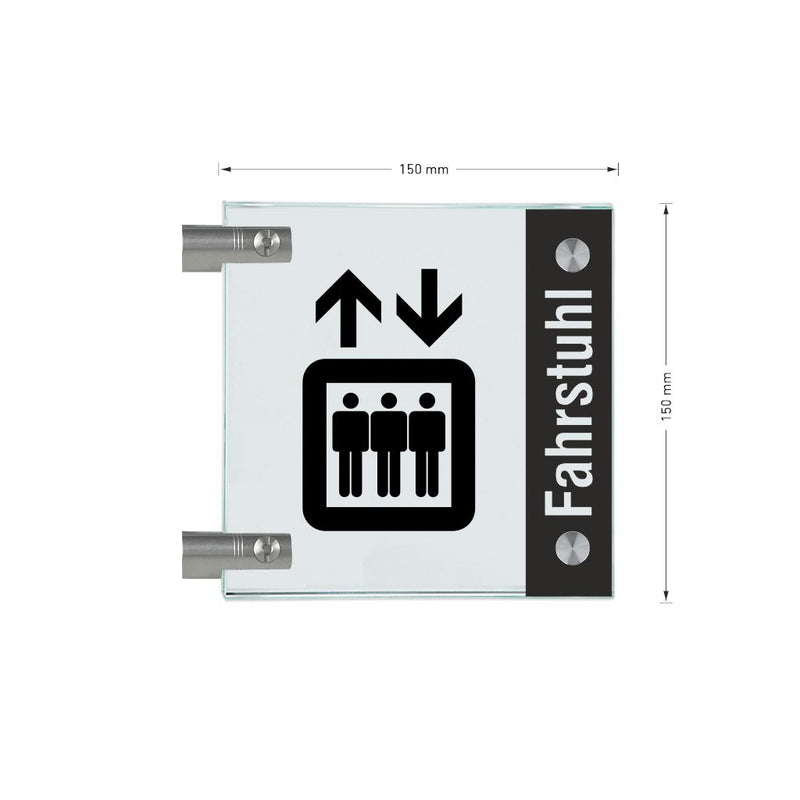 Fahnenschild Fahrstuhl mit Balken, 2 Scheiben mit Glasverbinder 13