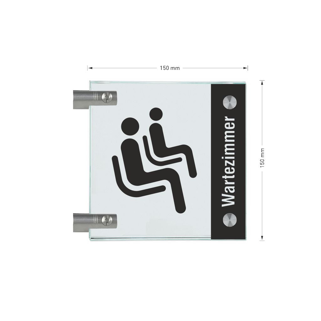 Fahnenschilder Wartezimmer mit Balken, 2 Scheiben mit Glasverbinder 13