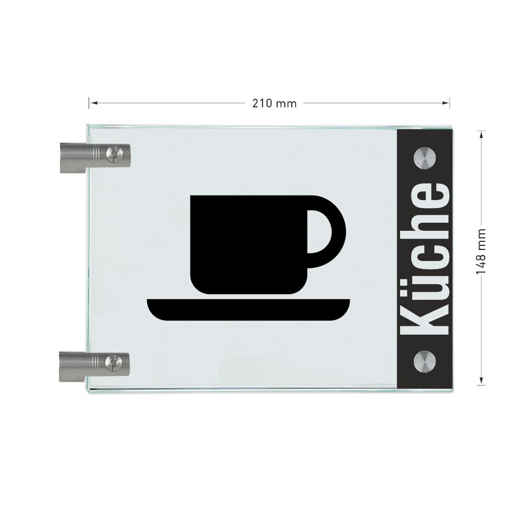 Fahnenschild Küche mit Balken, 2 Scheiben mit Glasverbinder 10