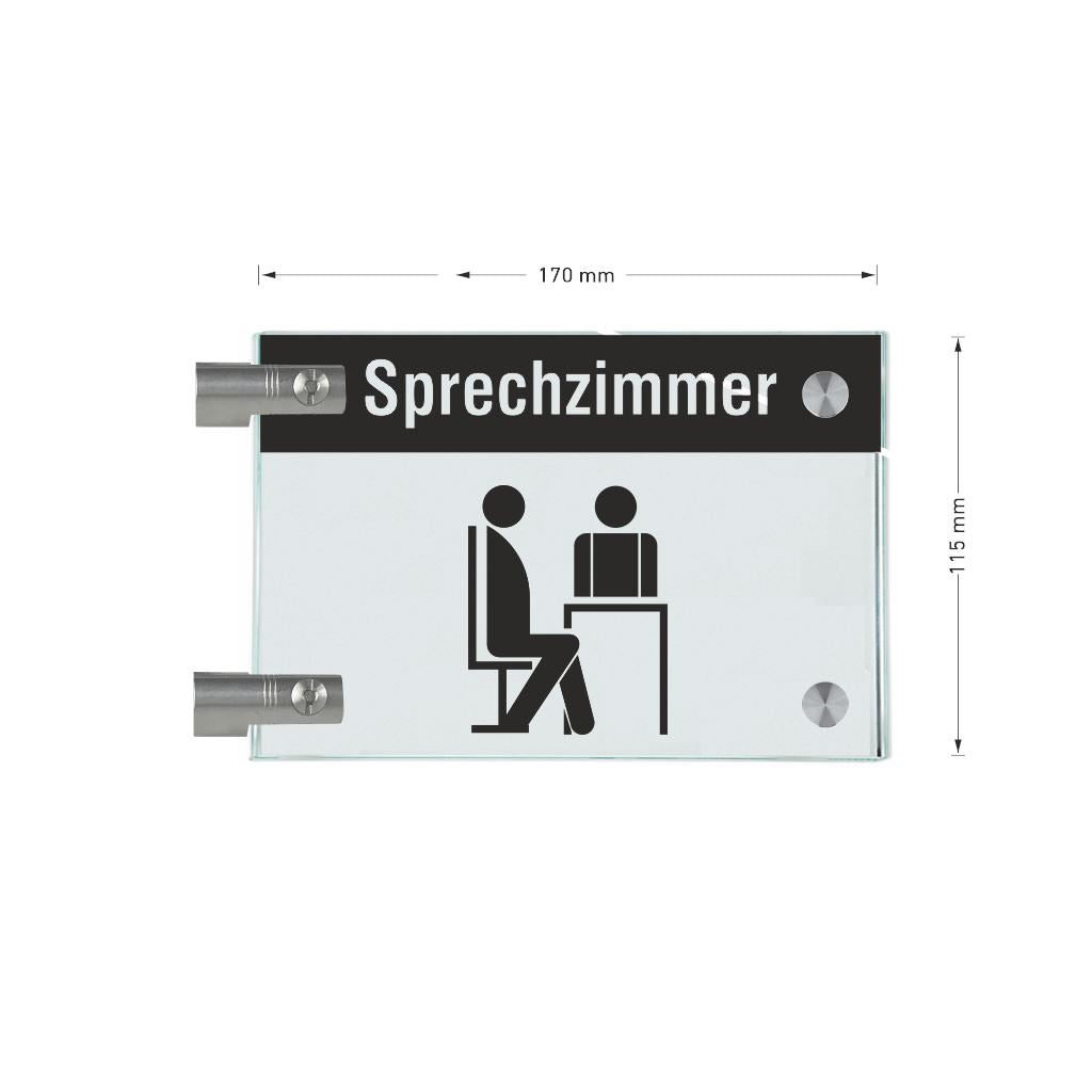 Fahnenschilder Sprechzimmer mit Balken, 2 Scheiben mit Glasverbinder 12
