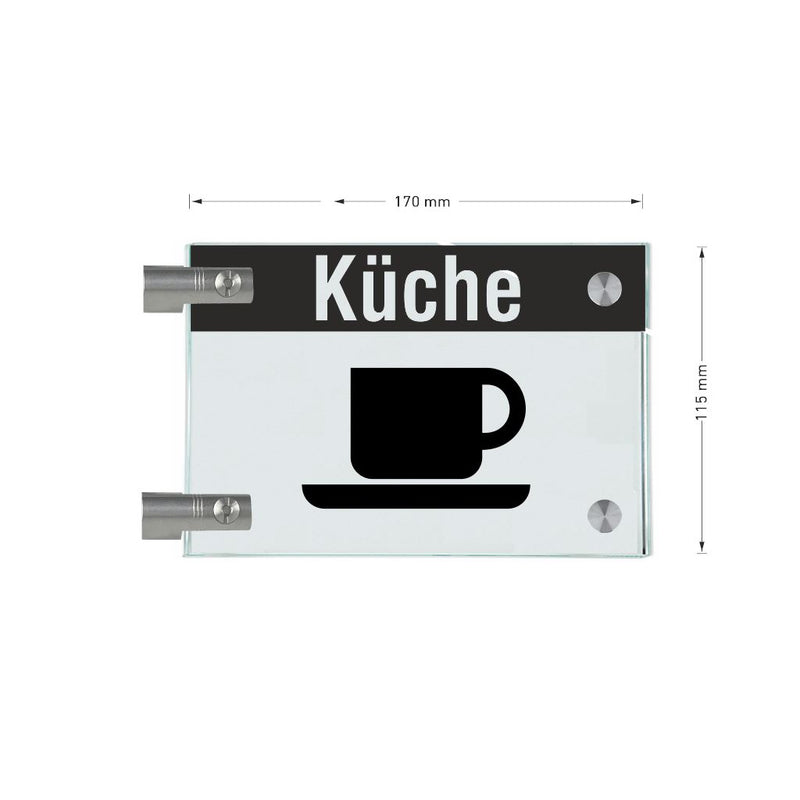 Fahnenschild Küche mit Balken, 2 Scheiben mit Glasverbinder 12