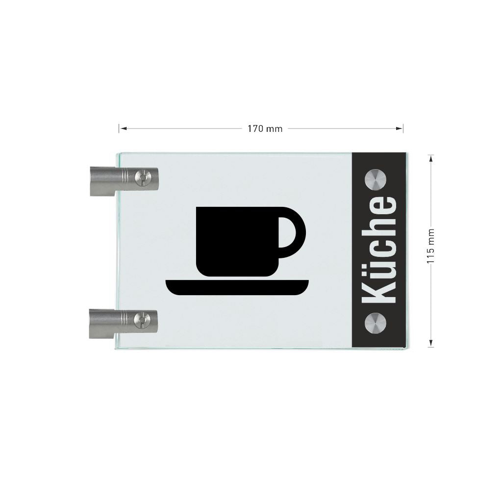 Fahnenschild Küche mit Balken, 2 Scheiben mit Glasverbinder 11