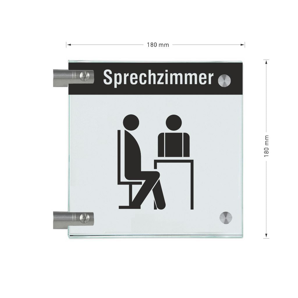 Fahnenschilder Sprechzimmer mit Balken, 2 Scheiben mit Glasverbinder 14