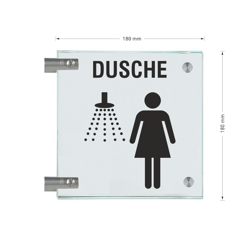 Fahnenschilder Piktogramm Dusche Damen und Text, 2 Scheiben mit 7