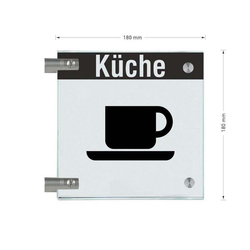 Fahnenschild Küche mit Balken, 2 Scheiben mit Glasverbinder 14