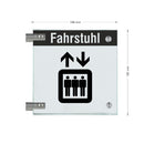 Fahnenschild Fahrstuhl mit Balken, 2 Scheiben mit Glasverbinder 14