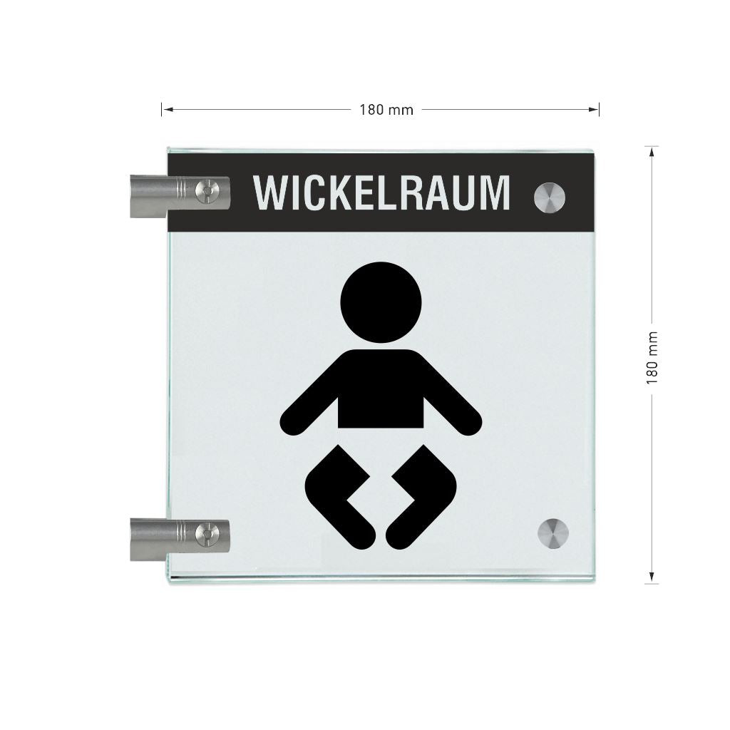 Fahnenschilder Wickelraum mit Balken, 2 Scheiben mit Glasverbinder 12