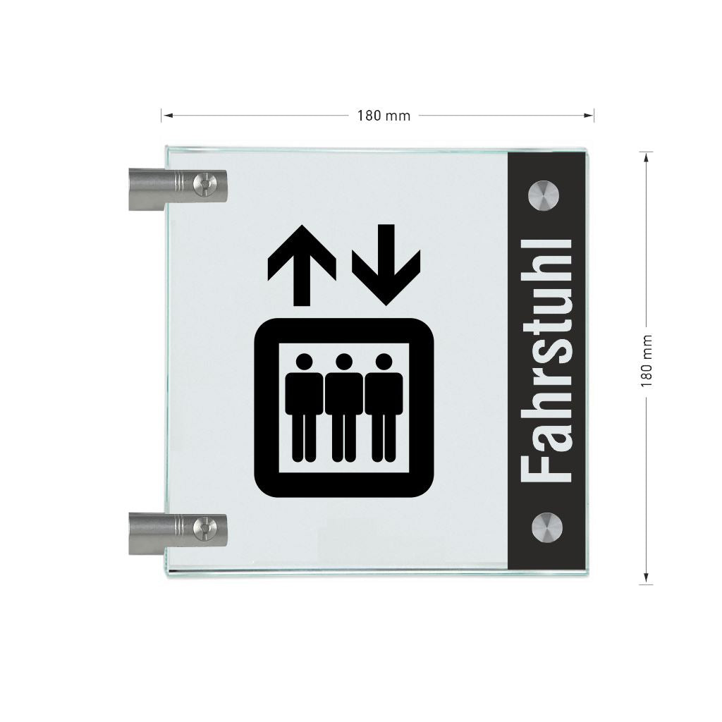 Fahnenschild Fahrstuhl mit Balken, 2 Scheiben mit Glasverbinder 15