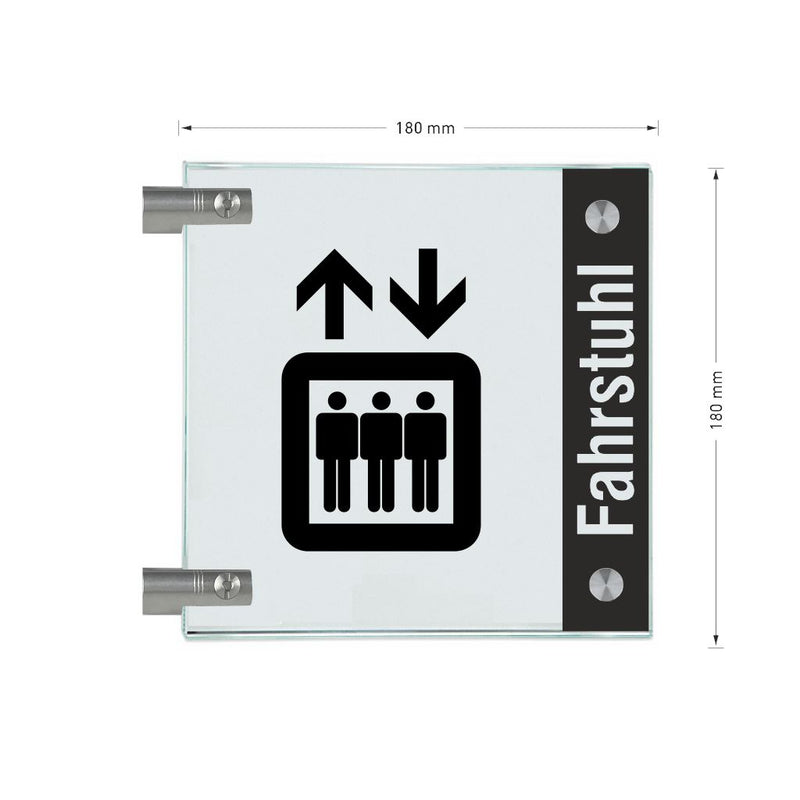 Fahnenschild Fahrstuhl mit Balken, 2 Scheiben mit Glasverbinder 15