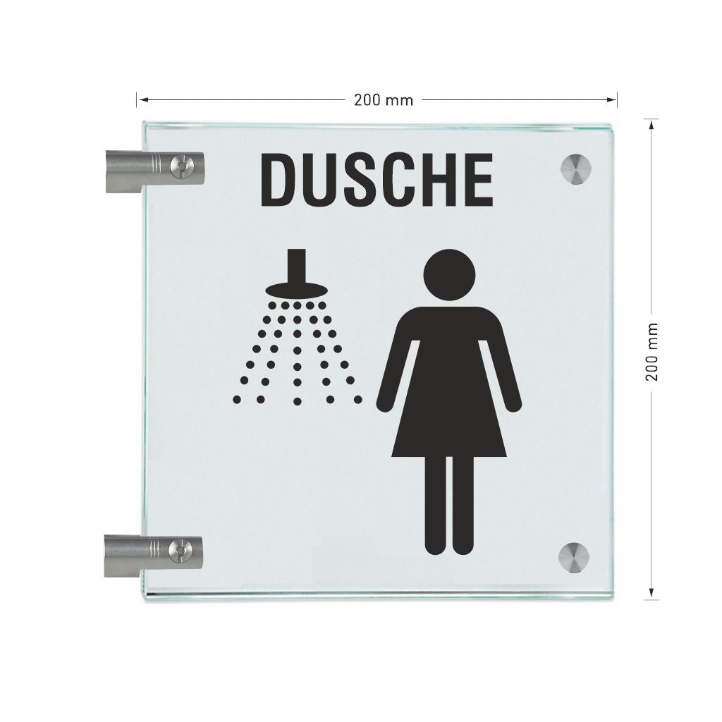 Fahnenschilder Piktogramm Dusche Damen und Text, 2 Scheiben mit 8