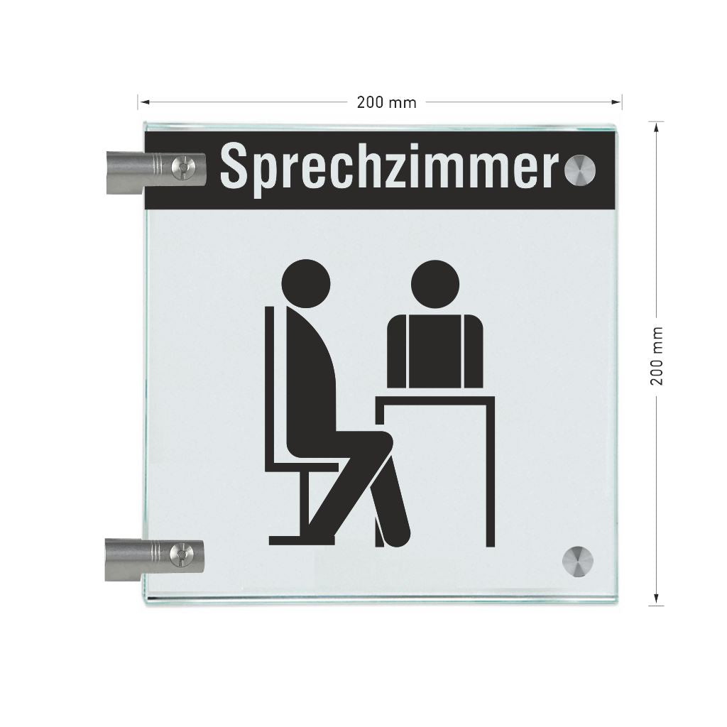 Fahnenschilder Sprechzimmer mit Balken, 2 Scheiben mit Glasverbinder 16