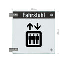 Fahnenschild Fahrstuhl mit Balken, 2 Scheiben mit Glasverbinder 16