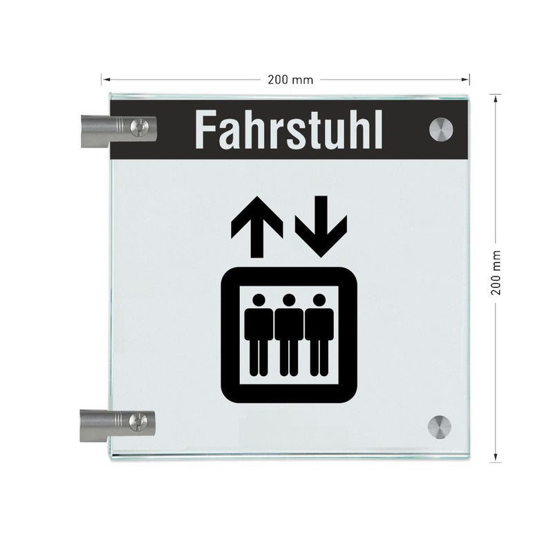 Fahnenschild Fahrstuhl mit Balken, 2 Scheiben mit Glasverbinder 16