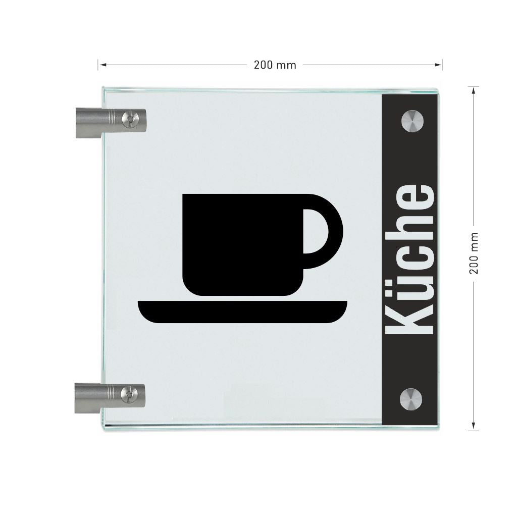 Fahnenschild Küche mit Balken, 2 Scheiben mit Glasverbinder 15