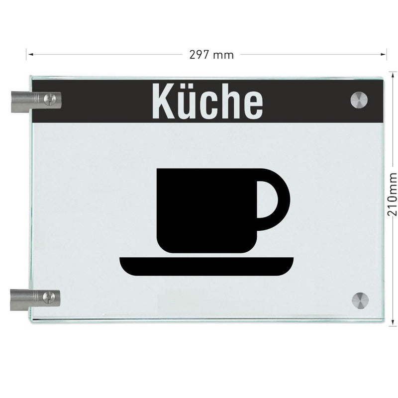 Fahnenschild Küche mit Balken, 2 Scheiben mit Glasverbinder 18