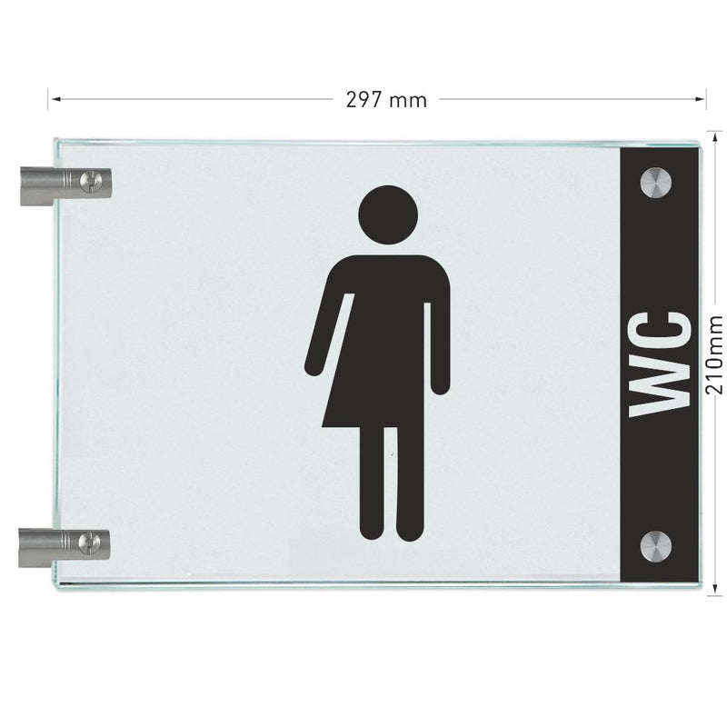 Fahnenschild Gender WC mit Balken, 2 Scheiben mit Glasverbinder 20