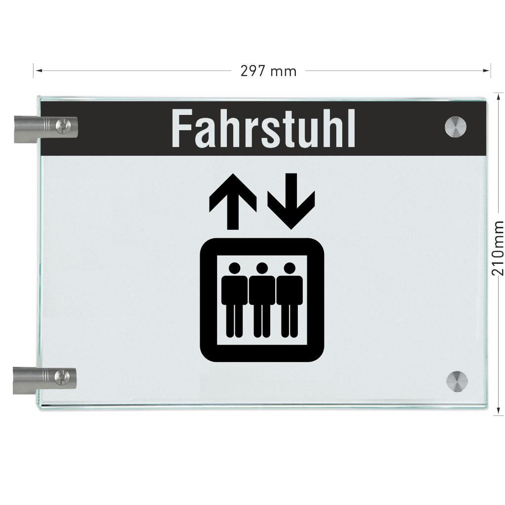 Fahnenschild Fahrstuhl mit Balken, 2 Scheiben mit Glasverbinder 18