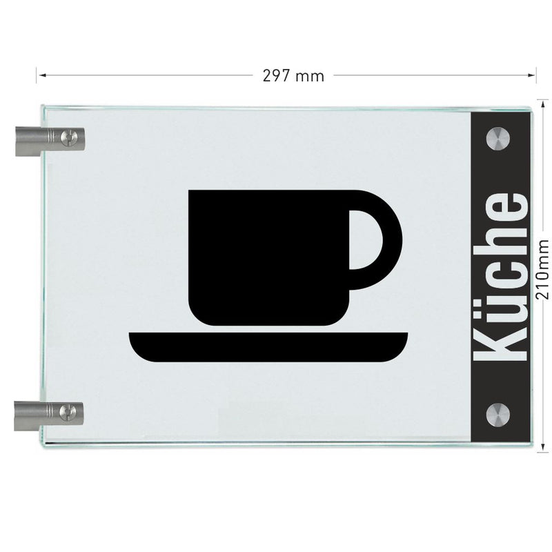 Fahnenschild Küche mit Balken, 2 Scheiben mit Glasverbinder 17
