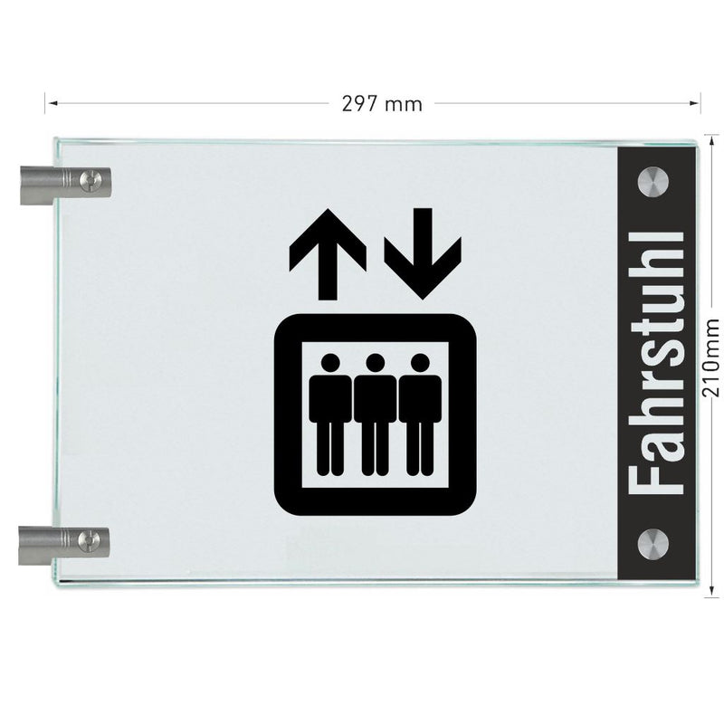Fahnenschild Fahrstuhl mit Balken, 2 Scheiben mit Glasverbinder 19