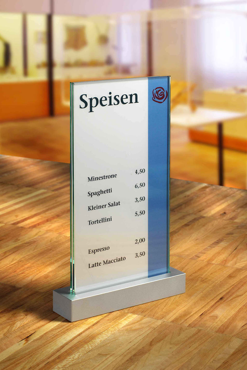 Tischaufsteller Veddel - Scheiben aus ESG, Halter aus massivem Aluminium 149 x 106 mm 